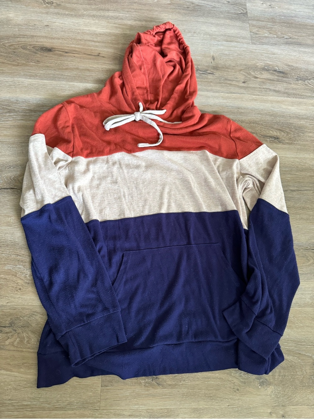 Women’s large Colorblock Hooded Sweater - Rust, Oatmeal & Navy